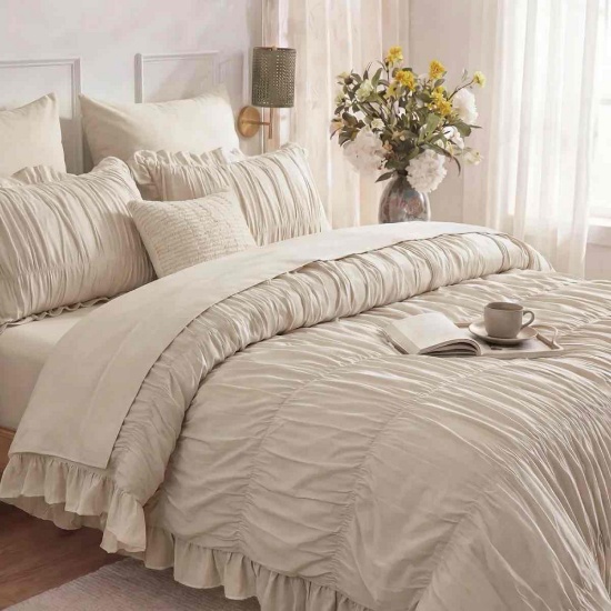 Beige Ruffle Duvet Cover Set Queen Size,Ruched Boho Bedding 3 Pieces Luxury Wrinkle Ruffle Comforter