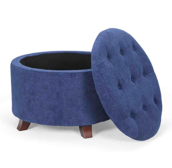 Athena Collection 24.5 Inch Small Ottoman with Storage, Round Linen Fabric Storage Ottoman Foot Rest