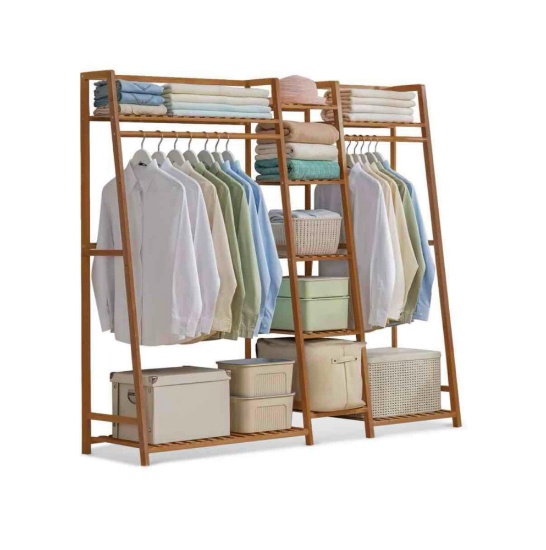 Bamboo 5-Tier Garment Rack with 2 Hanging Rods Free Standing Heavy Duty Clothing Rack Wardrobe