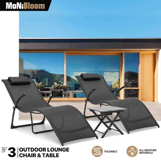 3 Pcs ZERO GRAVITY CHAIR+FOLDABLE TABLE SET Beach Lounge Chair Patio Pool Chaise