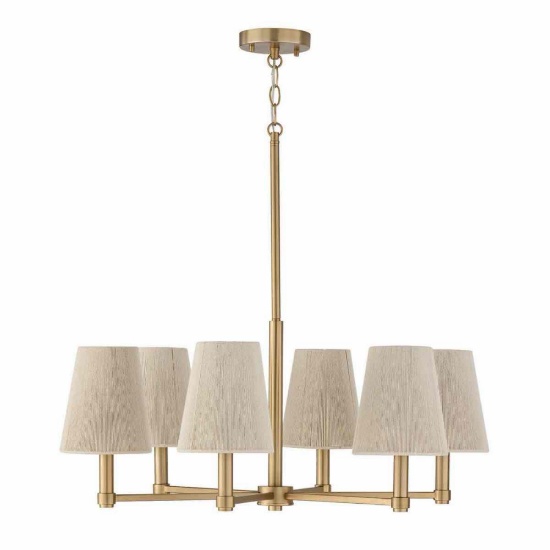 28" W 6-Light Chandelier in Matte Brass with Tapered Bleached Natural Rope Shades