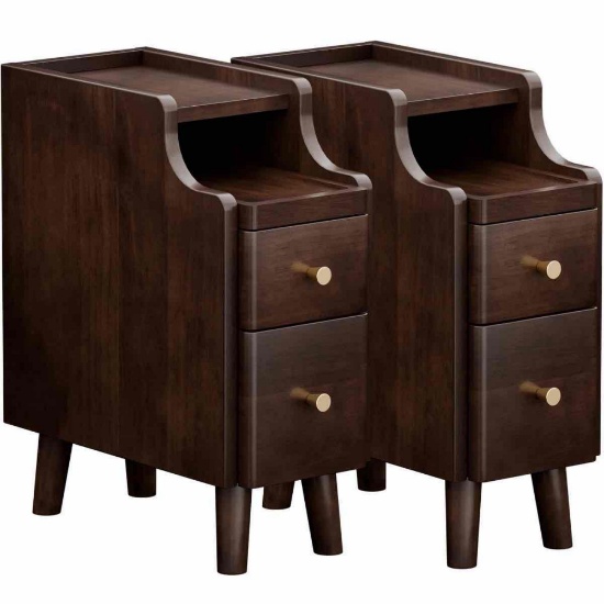 Narrow Nightstand with Drawers, Pre-Assembled Solid Wood Small Skinny Night Stand with Open Sliding