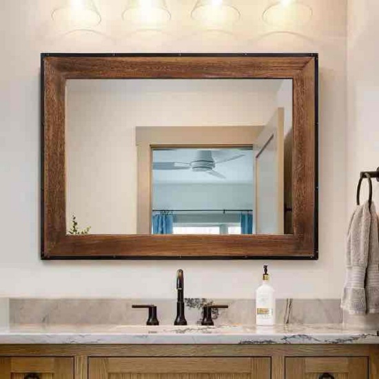 Rustic Natural Wood and Iron Framed Wall Vanity Mirror - 40"x26"