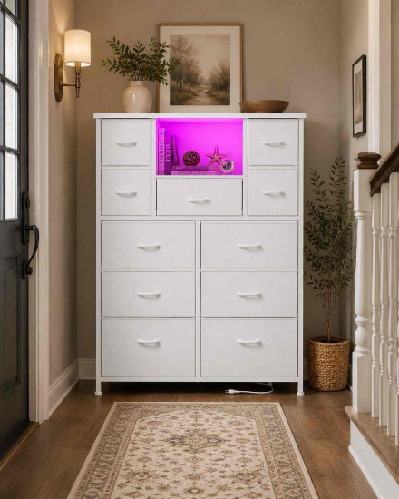 13-Drawer Fabric Dresser with LED Lights and Charging Ports