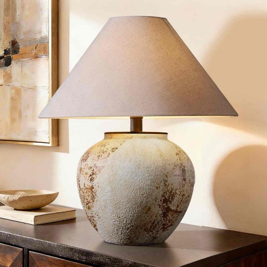 Iftikar Rustic Earthenware Table Lamp With Linen Shade & Free LED Bulb Compact Accent Lamp For