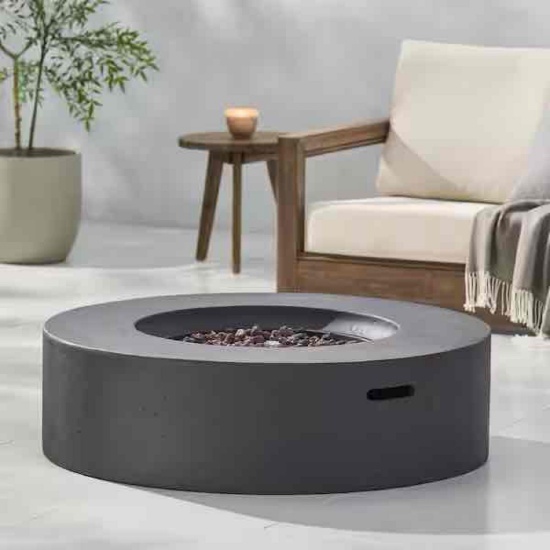 Light weight Concrete Outdoor Round Propane Fire Pit, Dark Grey 50,000 BTU