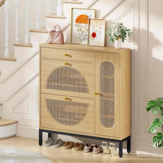 20 Pair Shoe Storage Cabinet with 2 Flip Drawers and Adjustable Shelves