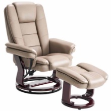 32" Contemporary Faux Leather Recliner and Ottoman with Swiveling Mahogany Wood Base