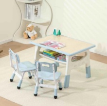Kids Table and 2 Chairs Set, Large Built-in Storage, Adjustable Toddler Table and Chair Set