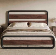 Full Size Metal Bed Frame with Wooden Headboard, Mahogany
