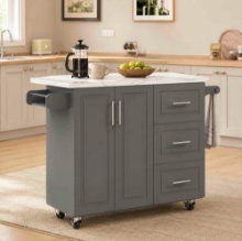 43" Kitchen Island with Drop Leaf, Rolling Kitchen Island Modern Design, 4 Wheels, 3 Storage Drawers