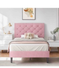 Twin Bed Frame with Headboard, Pink Upholstered Linen Fabric Bed Frame with Wooden Slats