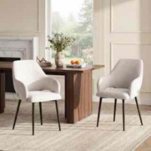 Beige Arm Dining Chairs Fabric Upholstery with Black Metal Legs (Set of 2)