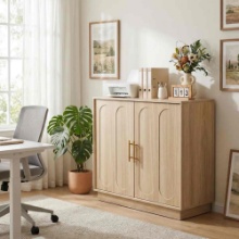 31.5" Modern 2 Door Storage Cabinet, Light Oak Sideboard Buffet Cabinet