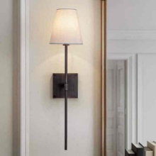 H25 in. Transitional Wall Sconce in Bronze w/ White Linen Shade Farmhouse Fabric Wall Light Fixture
