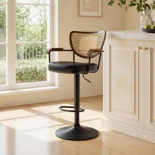Kissena Breathable Wide Cane Back Mid-Century Modern Swivel Barstool With Upholstered Seat And 17.7"