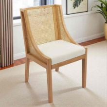 Dining Chair with Solid Wood Frame, Rattan Backrest and Comfortable Linen Upholstered Seat, 23.8"D x