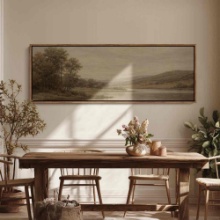 60 x 20 Framed Canvas Wall Art - Tranquil River Landscape with Trees and Rolling Hills in Warm