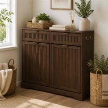 Double Tilt-Out Trash Can Cabinet for 2 x 10 Gallon Bins, Fluted Farmhouse Garbage Storage Cabinet