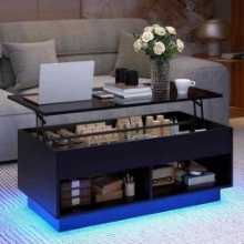 40.16 in. Black Rectangle Wood Lift Top Coffee Table with RGB LED Light, Hidden Compartment, Open