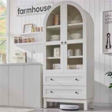 DecorUHome Arched Pantry Cabinet with Glass Door and 2 Drawers
