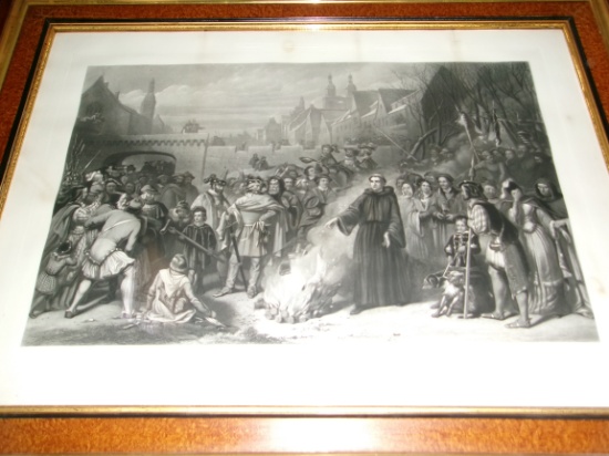 Martin Luther "Burning The Popes Bull" Dec. 10,1520 Engraved by T.O. Barlow Lithograph