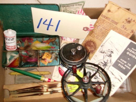 All Vintage: Assorted Flys in Box, 2- Fly Reels, Quill Bobbers, Advertising Cards, Misce. Flys