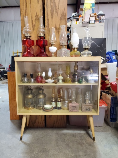 Glass Oil Lamps & Shelf with Glass Doors