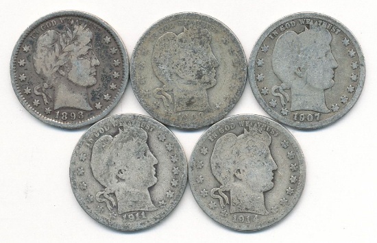 1893-1914 Barber 90% Silver Quarter (5-coins)