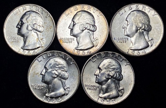1959-1964 Washington 90% Silver Quarters Mint Condition (5-coins)