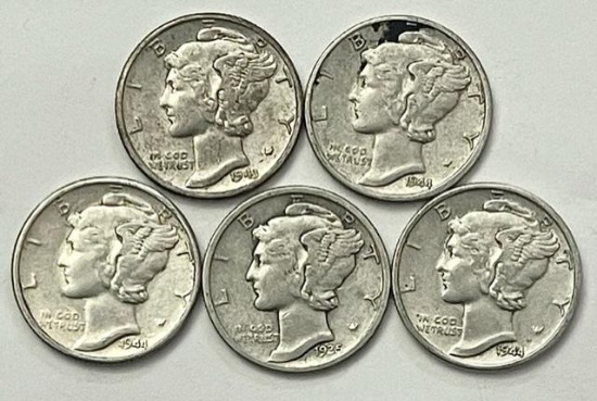 1925-1944 Mercury Silver Dimes (5 coins)