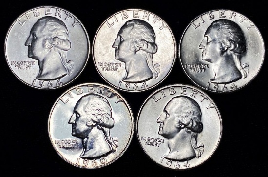 1960-1964 Washington 90% Silver Quarters Mint Condition (5-coins)