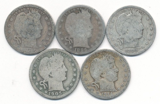1896-1914 Barber 90% Silver Quarter (5-coins)