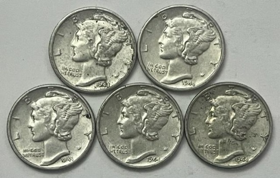 1941-1945 Mercury Silver Dimes (5 coins)