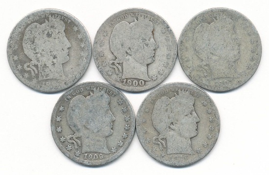 (5-coins) 1900-1916 Barber 90% Silver Quarters