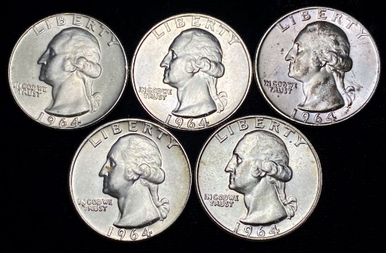 1964 Washington 90% Silver Quarters Mint Condition (5-coins)