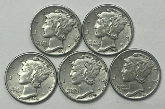 1943-1944 Mercury Silver Dimes (5 coins)