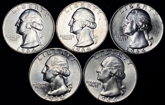 1964 Washington 90% Silver Quarters Mint Condition (5-coins)