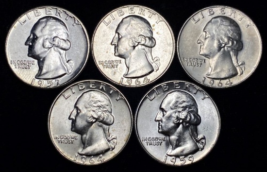 1957-1964 Washington 90% Silver Quarters Mint Condition (5-coins)
