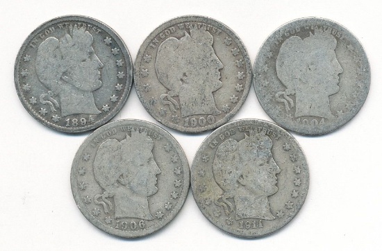 1894-1911 Barber 90% Silver Quarter (5-coins)