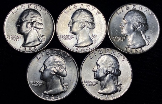 1959-1964 Washington 90% Silver Quarters Mint Condition (5-coins)