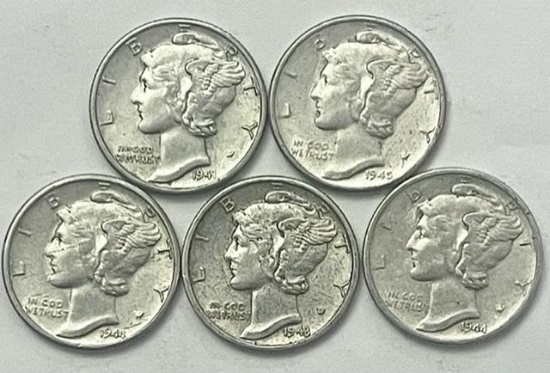 1941-1945 Mercury Silver Dimes (5 coins)