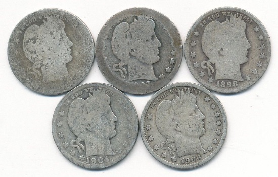 1898-1908 Barber 90% Silver Quarters (5-coins)