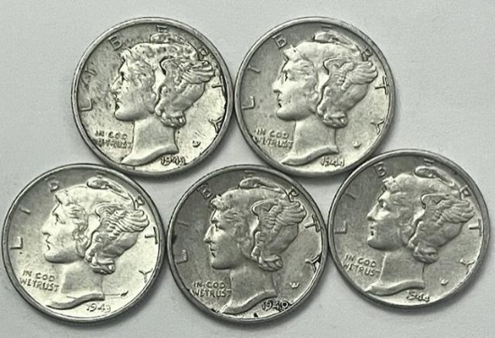 1940-1944 Mercury Silver Dimes (5 coins)