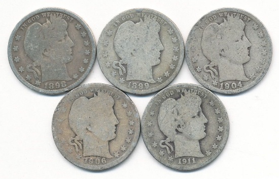 1898-1911 Barber 90% Silver Quarters (5-coins)