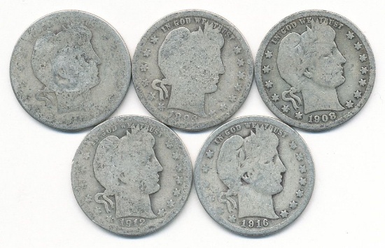 (5-coins) 1893-1916 Barber 90% Silver Quarters