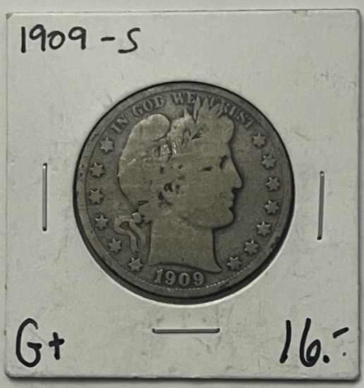 1909-S Barber Silver Half Dollar (Good+ Condition)