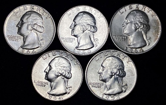1953-1964 Washington 90% Silver Quarters Mint Condition (5-coins)