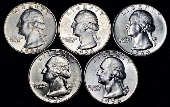 1955-1964 Washington 90% Silver Quarters Mint Condition (5-coins)