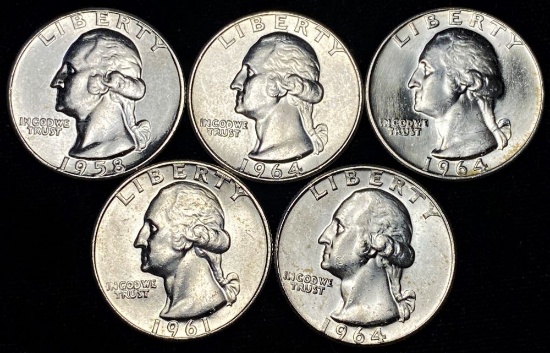 1958-1964 Washington 90% Silver Quarters Mint Condition (5-coins)